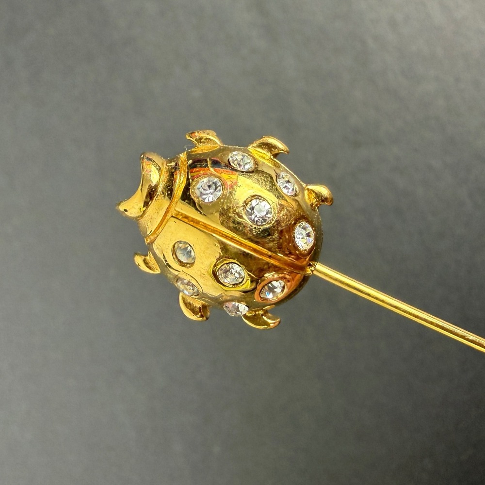 Trifari Vintage Gold Tone Rhinestone Ladybug Stick Pin Lapel Hat Accessory - Picture 6 of 9